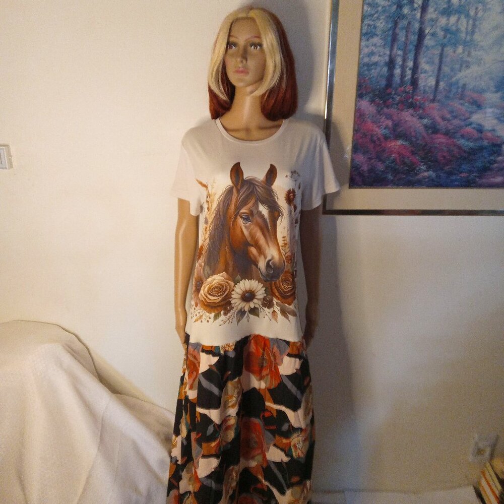 Dress Horse & Flowers XL Maxi Upcycled Western Style NWT